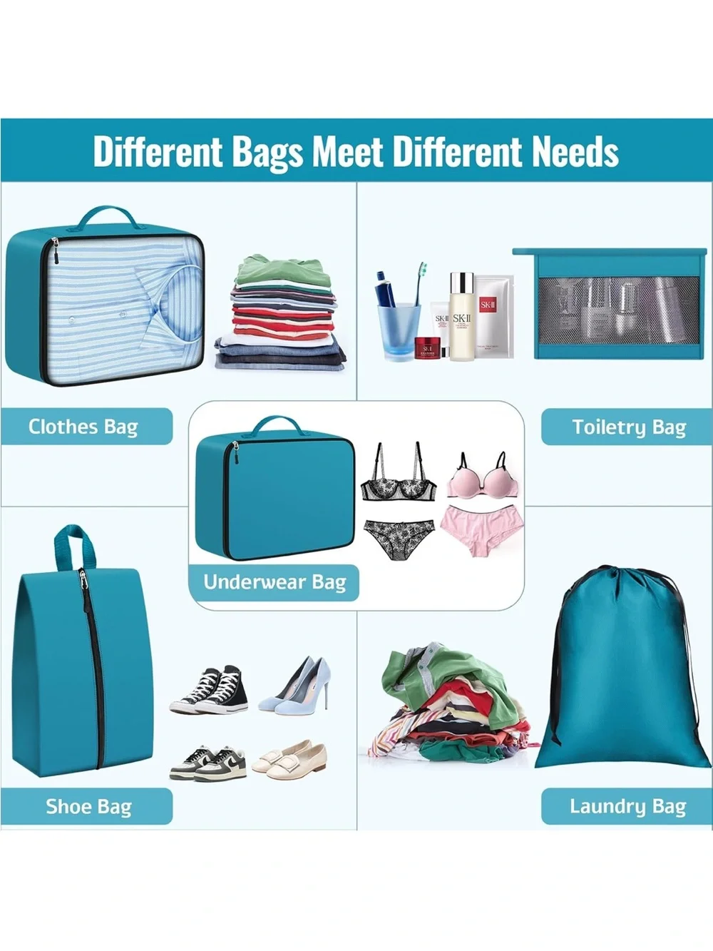 Turquoise Home Storage Travel Packing Cubes Set - pack of 6
